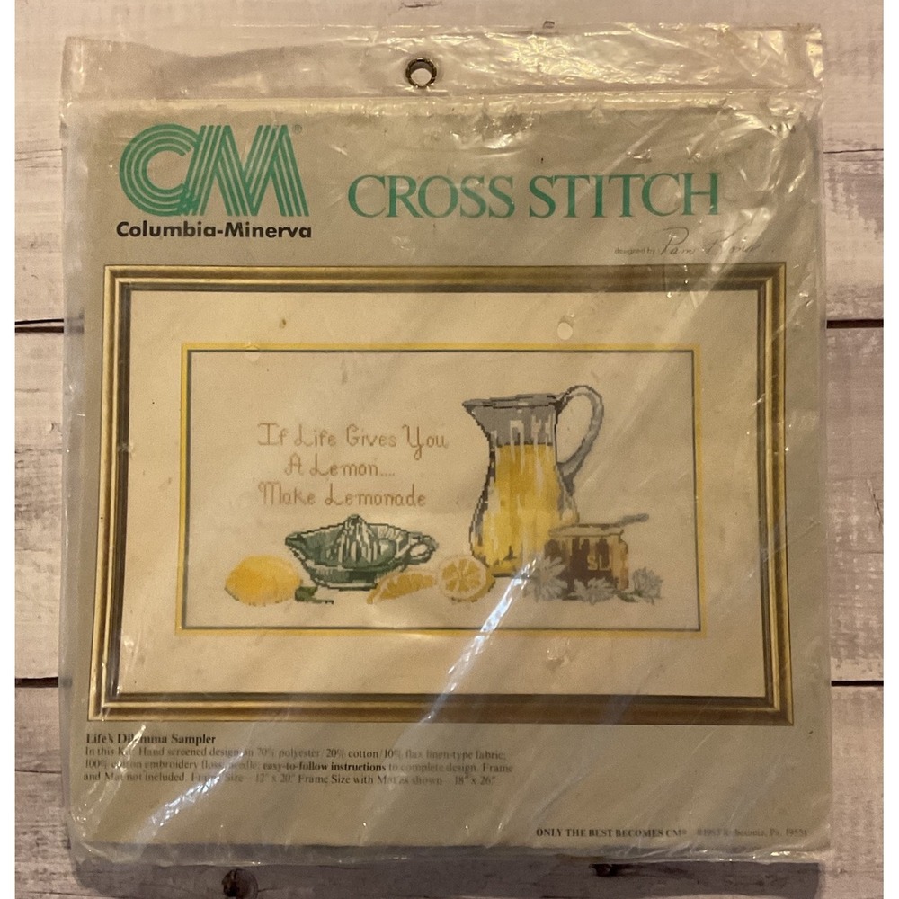Columbia‎ Minerva Stamped Cross Stitch Kit Life's Dilemma Sampler Lemonade 1983